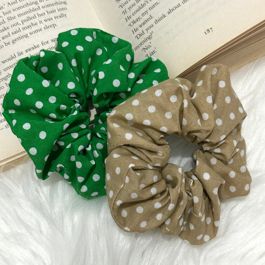 Green and Beige Polka Dot Scrunchies (Set of 2)